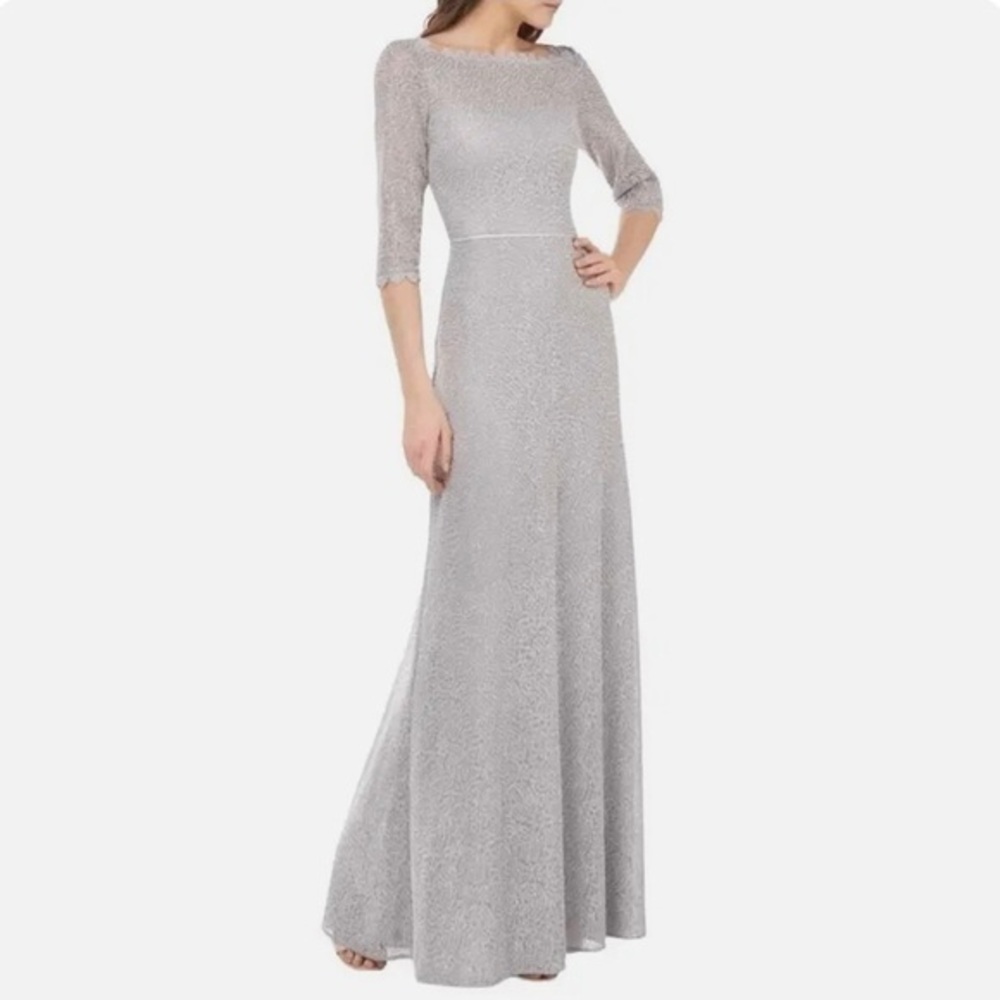 JS COLLECTIONS 3/4 Sleeves V-back Metallic Swirl Gown in Silver Size 8